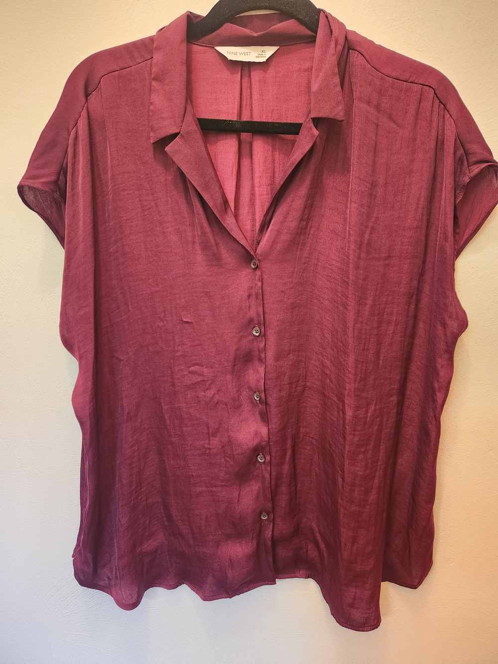 Nine West Wine Button-Front Short Sleeve Blouse Size XL